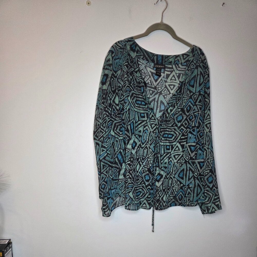 Lane Bryant Long-Sleeve,‎ Semi-Sheer Blouse, Geometic /Tribal Print, Size 18/20